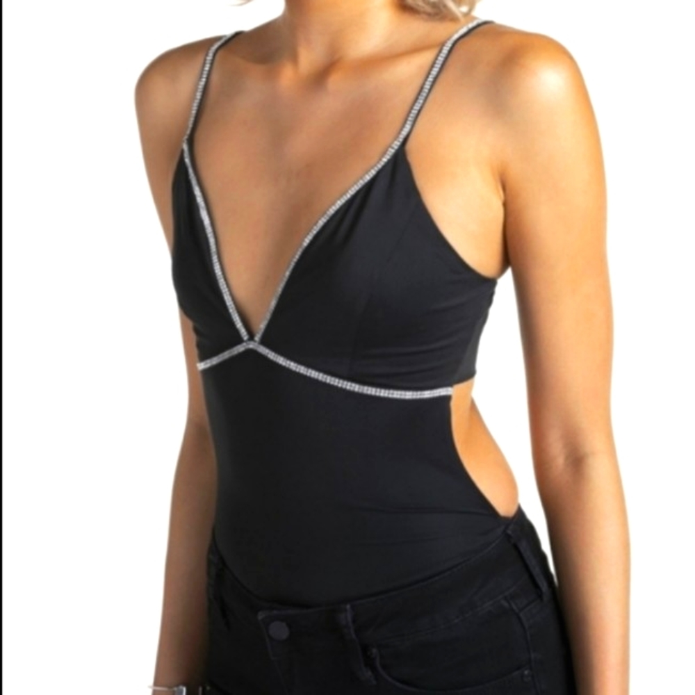 Cover Me in Diamonds V-neck Backless One Piece Body suit Romper Black